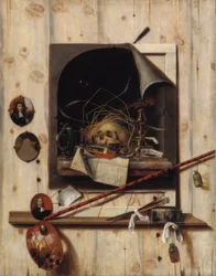 Trompe l’oeil mit Atelierwand und Vanitas-Stillleben